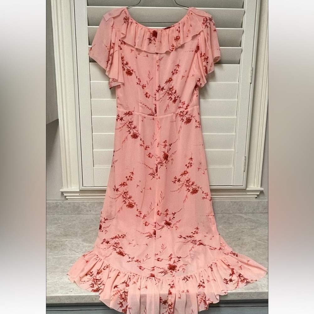 Cinq a Sept Fleur Sheila Faux Wrap dress. pale roseFloral Pink Ruffle Wrap Dress - Picture 6 of 15